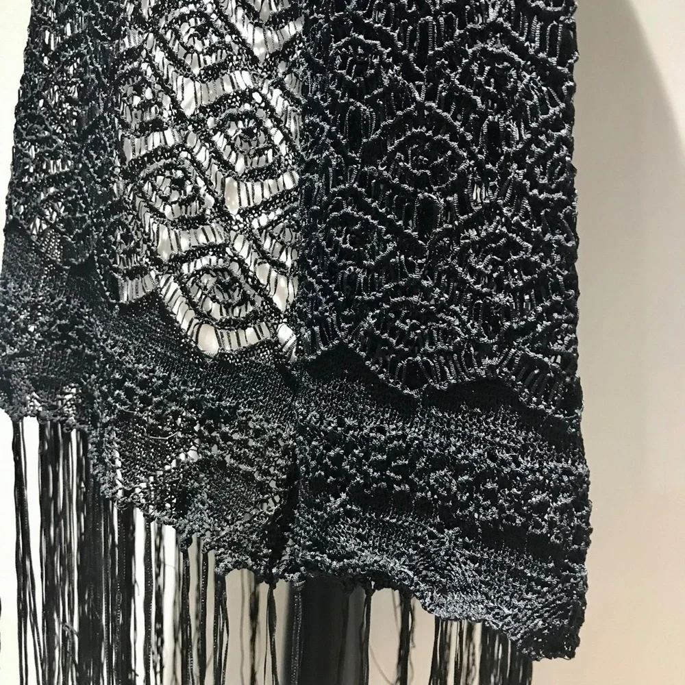 Colleen Lopez Black Sheer Lace Crochet Fringe Tunic Cover Up Top Size Large